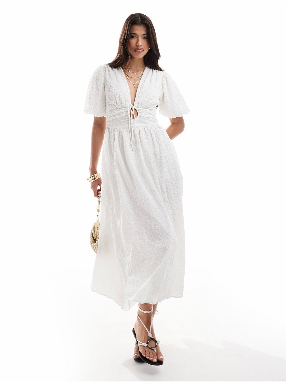 Abercrombie & Fitch Puff Sleeve Tie Front Maxi Dress in White, Size Large